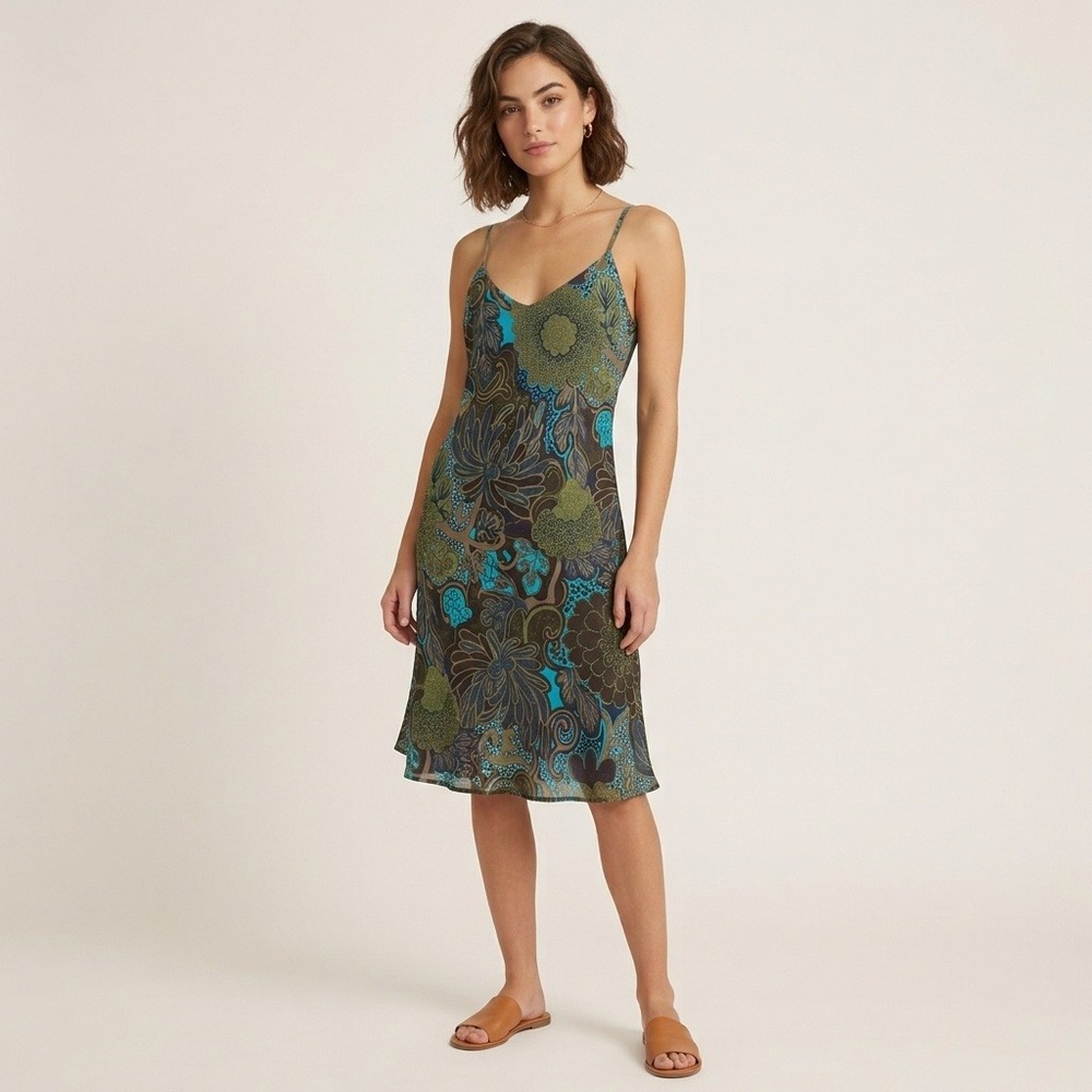 Vintage Tessuto 90s Y2K Floral Paisley Slip Dress Rayon Spaghetti Strap USA